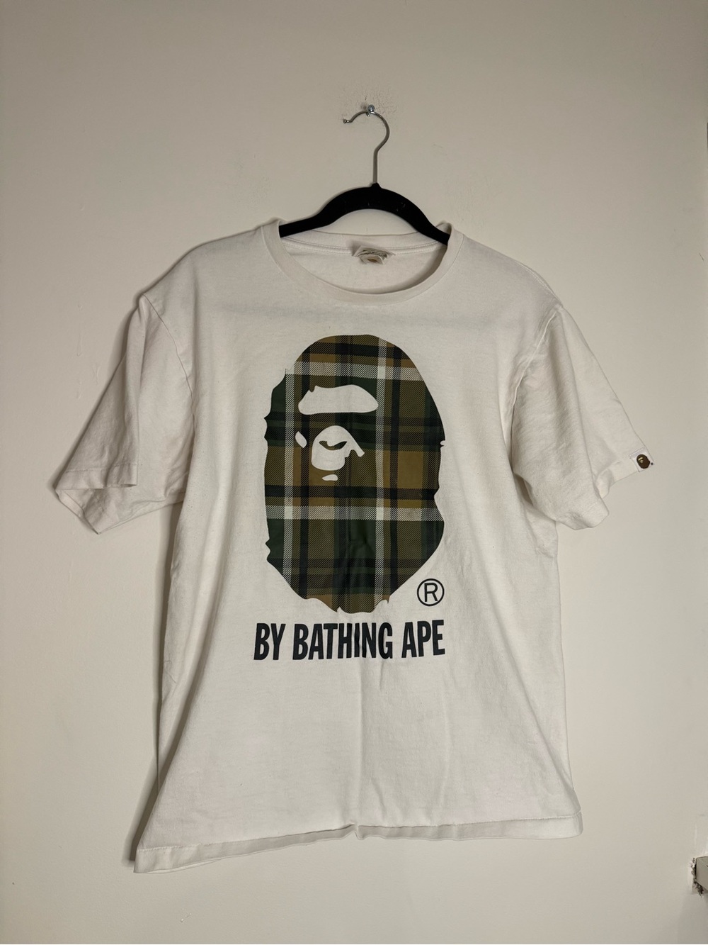 BY BATHING APE White Short-Sleeve Tee with Plaid Ape Head Graphic